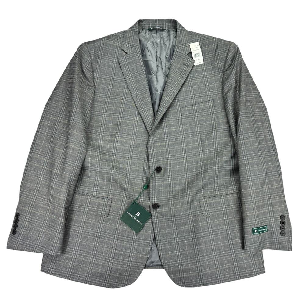 Brooks Brothers Mens Classic Fit Wool Stretch Plaid Suit Jacket Gray Tan 48R